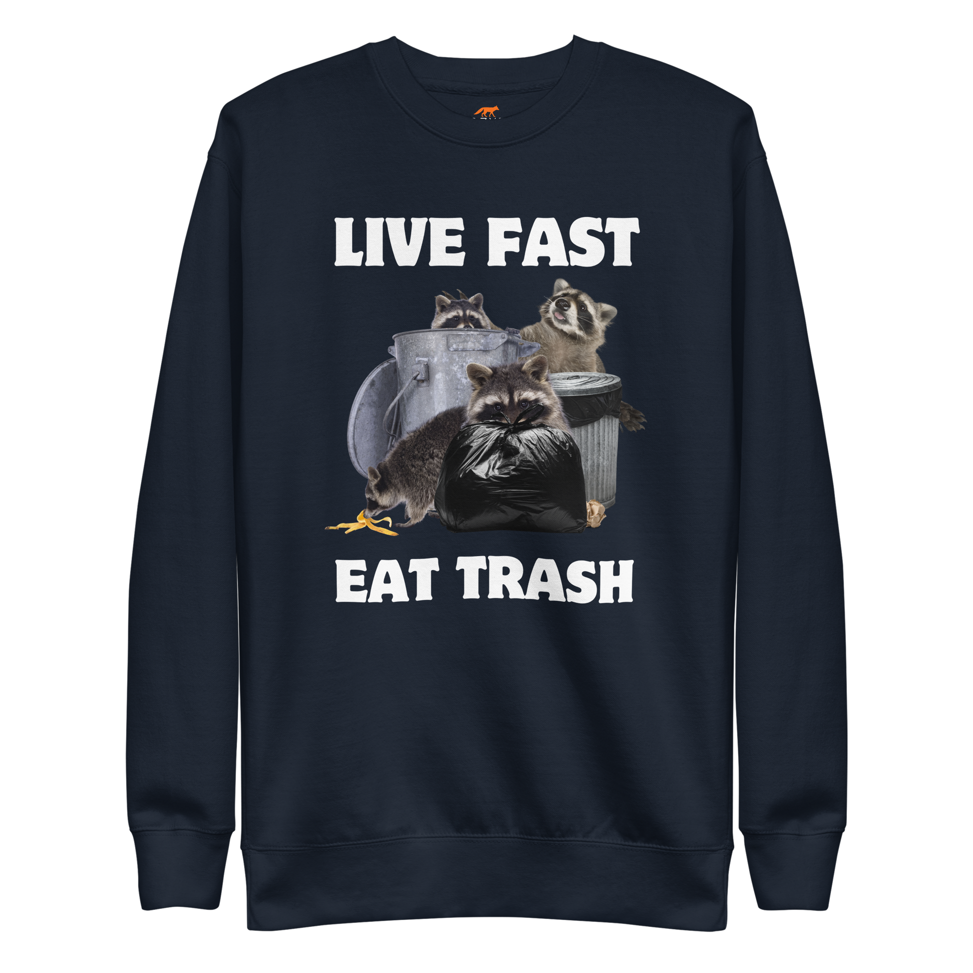 Live Fast, Eat Trash Raccoon Graphic Premium Sweatshirt Online - Navy Blazer - Boozy Fox