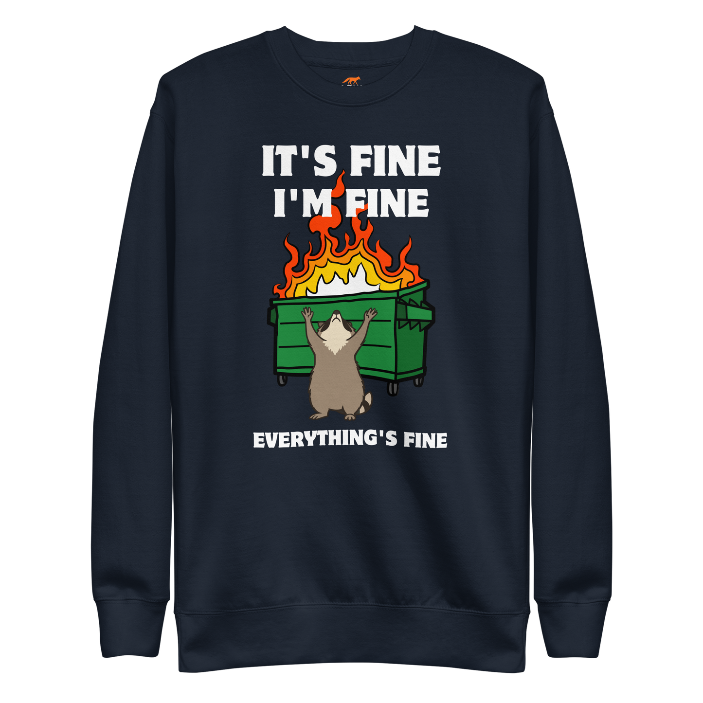 Funny Dumpster Fire Raccoon premium graphic sweatshirt in navy blazer by Boozy Fox