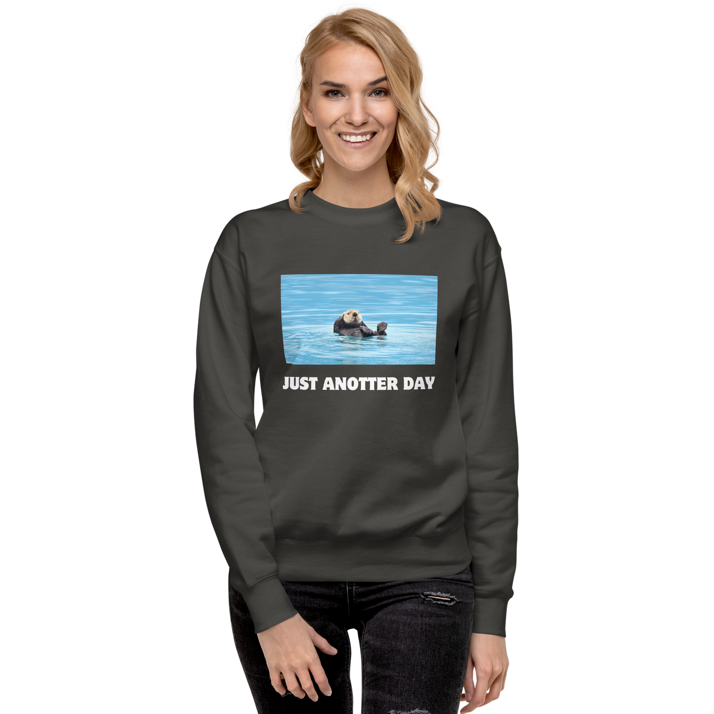 Smiling woman wearing a Vintage Black Just Anotter Day Otter Graphic Premium Sweatshirt - Boozy Fox