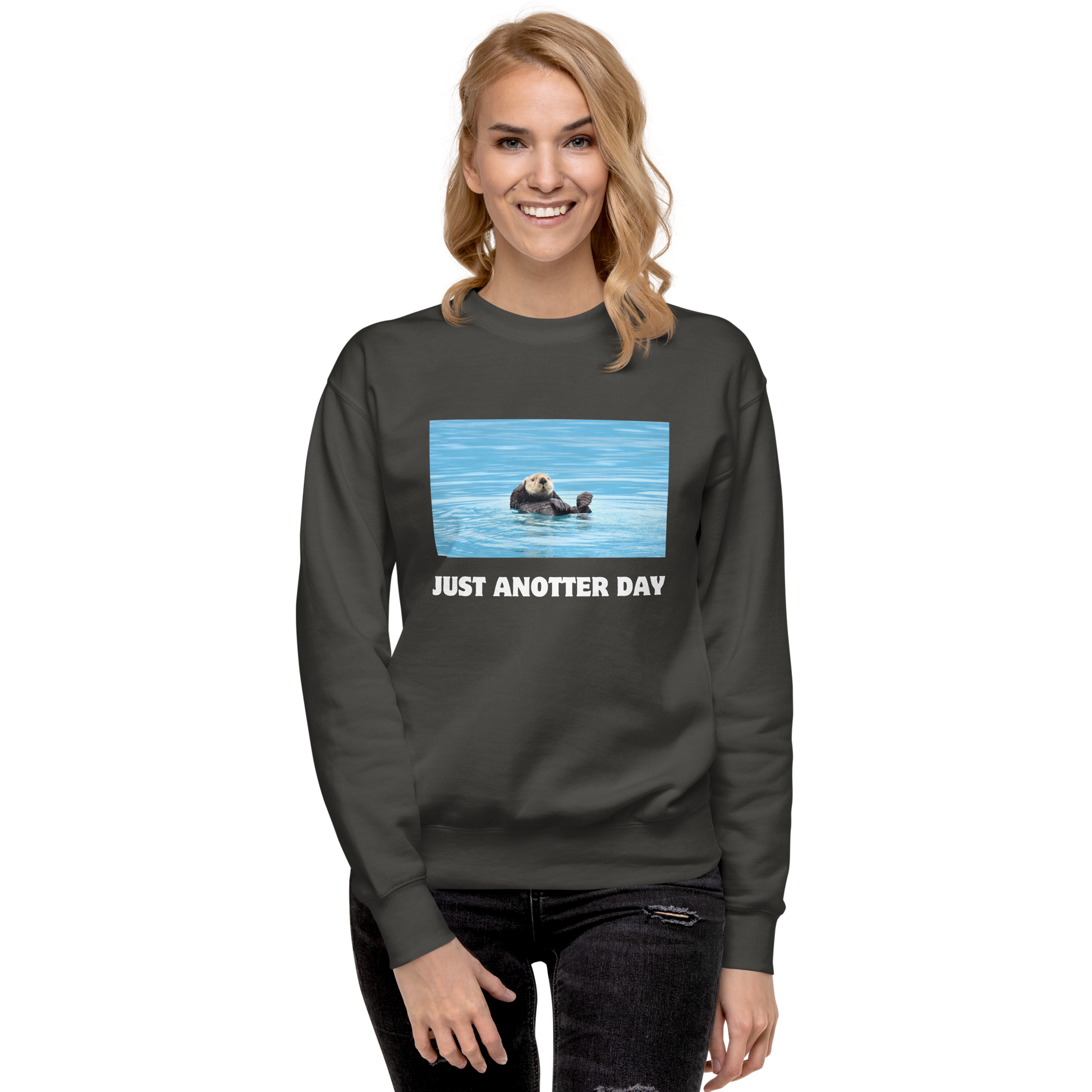 Smiling woman wearing a Vintage Black Just Anotter Day Otter Graphic Premium Sweatshirt - Boozy Fox