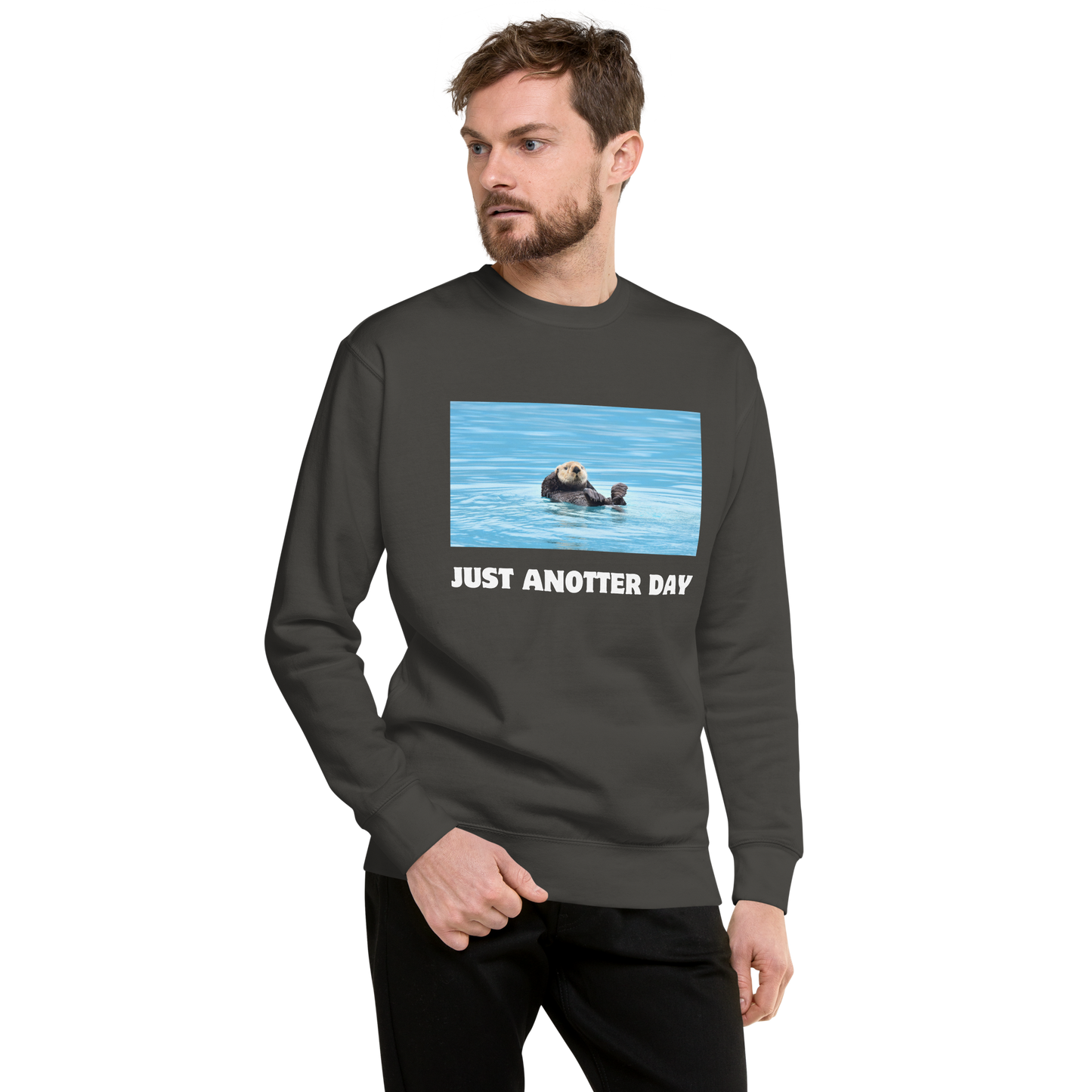 Man wearing a Vintage Black Just Anotter Day Otter Graphic Premium Sweatshirt - Boozy Fox