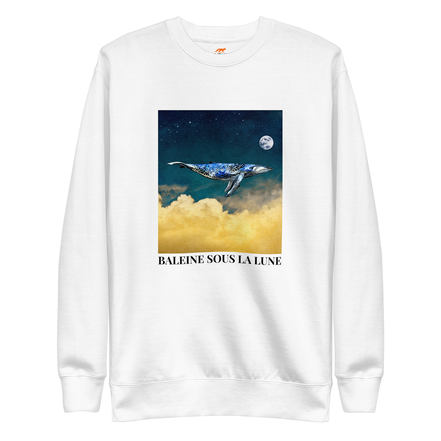 White Premium Whale Sweatshirt featuring a majestic Whale Under The Moon graphic on the chest - Cool Graphic Whale Sweatshirts - Boozy Fox