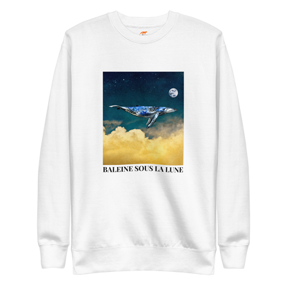 White Premium Whale Sweatshirt featuring a majestic Whale Under The Moon graphic on the chest - Cool Graphic Whale Sweatshirts - Boozy Fox