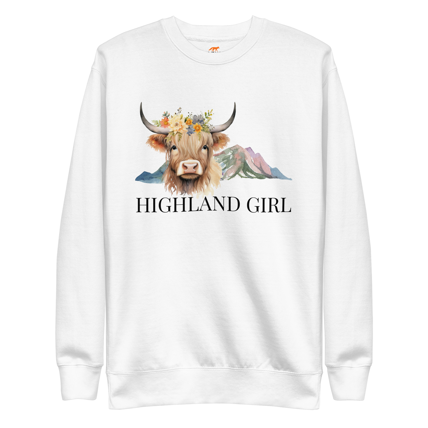 White Premium Highland Cow Sweatshirt featuring an adorable Highland Girl graphic on the chest - Cute Graphic Highland Cow Sweatshirts - Boozy Fox