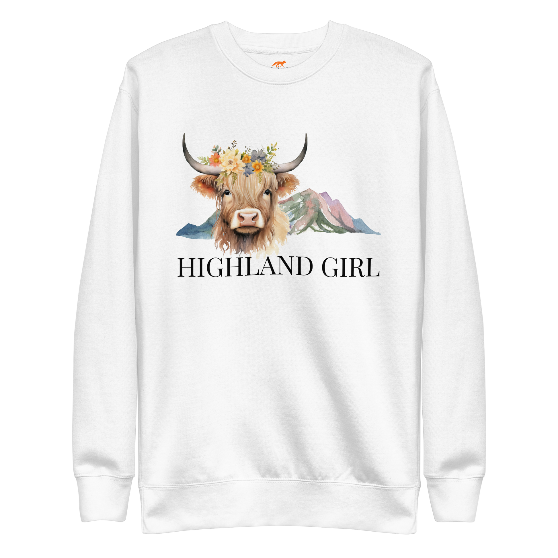 White Premium Highland Cow Sweatshirt featuring an adorable Highland Girl graphic on the chest - Cute Graphic Highland Cow Sweatshirts - Boozy Fox