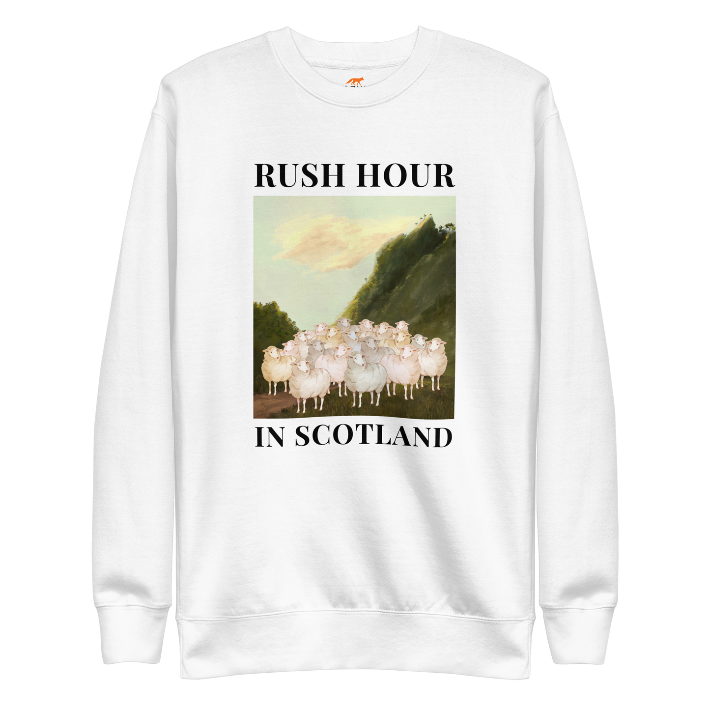White Premium Sheep Sweatshirt featuring a comical Rush Hour In Scotland graphic on the chest - Artsy/Funny Graphic Sheep Sweatshirts - Boozy Fox