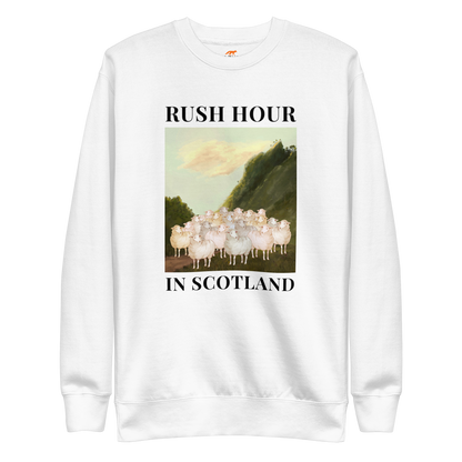 White Premium Sheep Sweatshirt featuring a comical Rush Hour In Scotland graphic on the chest - Artsy/Funny Graphic Sheep Sweatshirts - Boozy Fox
