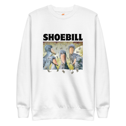 White Premium Shoebill Sweatshirt featuring a cool Shoebill graphic on the chest - Artsy/Funny Graphic Shoebill Stork Sweatshirts - Boozy Fox