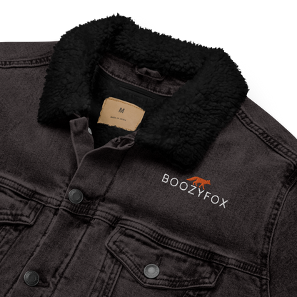 Close details of a Black Sherpa Denim Jacket featuring an embroidered Boozy Fox logo on the chest - Boozy Fox