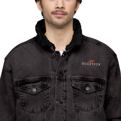 Man wearing a Black Sherpa Denim Jacket featuring an embroidered Boozy Fox logo on the chest - Boozy Fox
