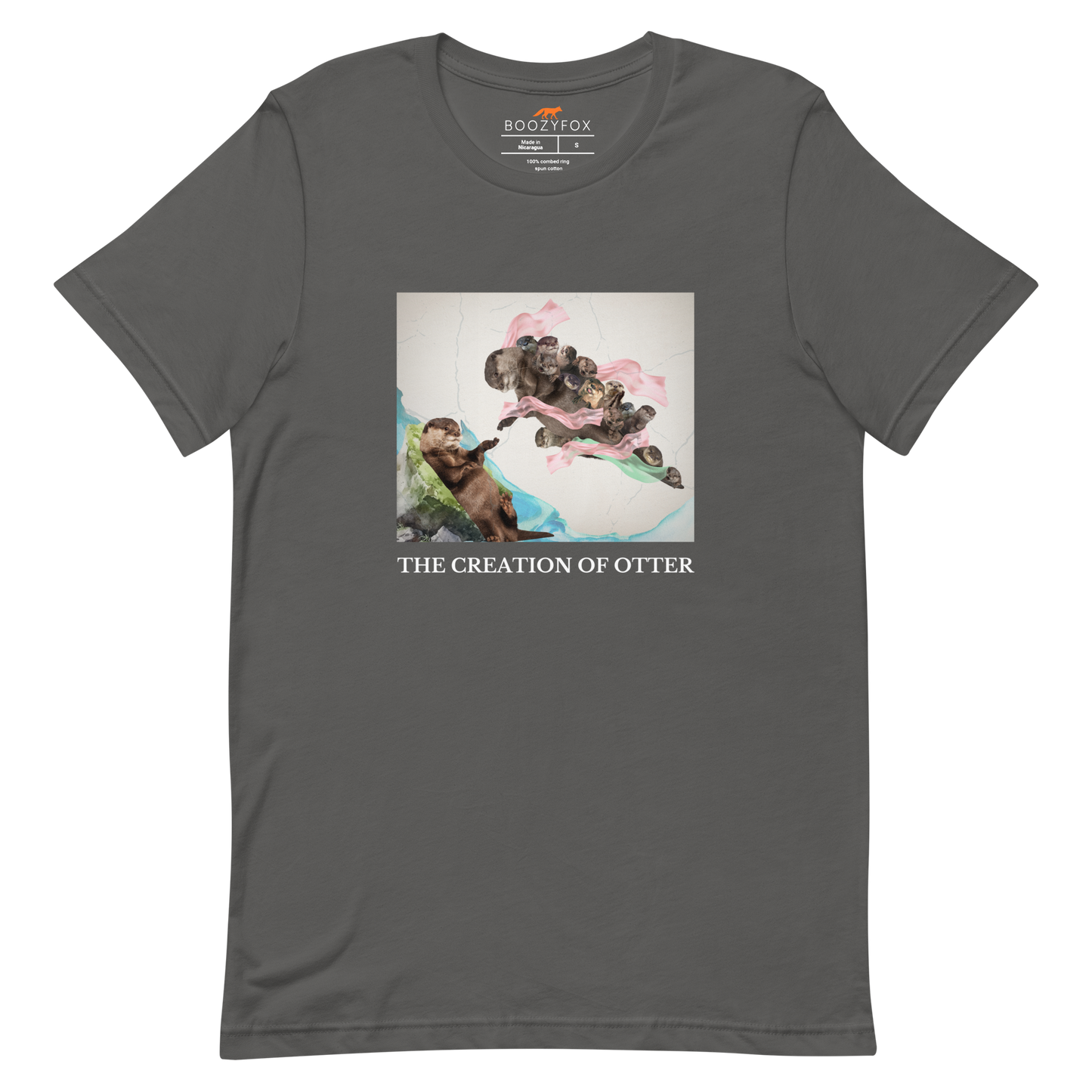 Asphalt Grey Premium Otter Tee featuring a playful The Creation of Otter parody of Michelangelo's masterpiece - Artsy/Funny Graphic Otter Tees - Boozy Fox