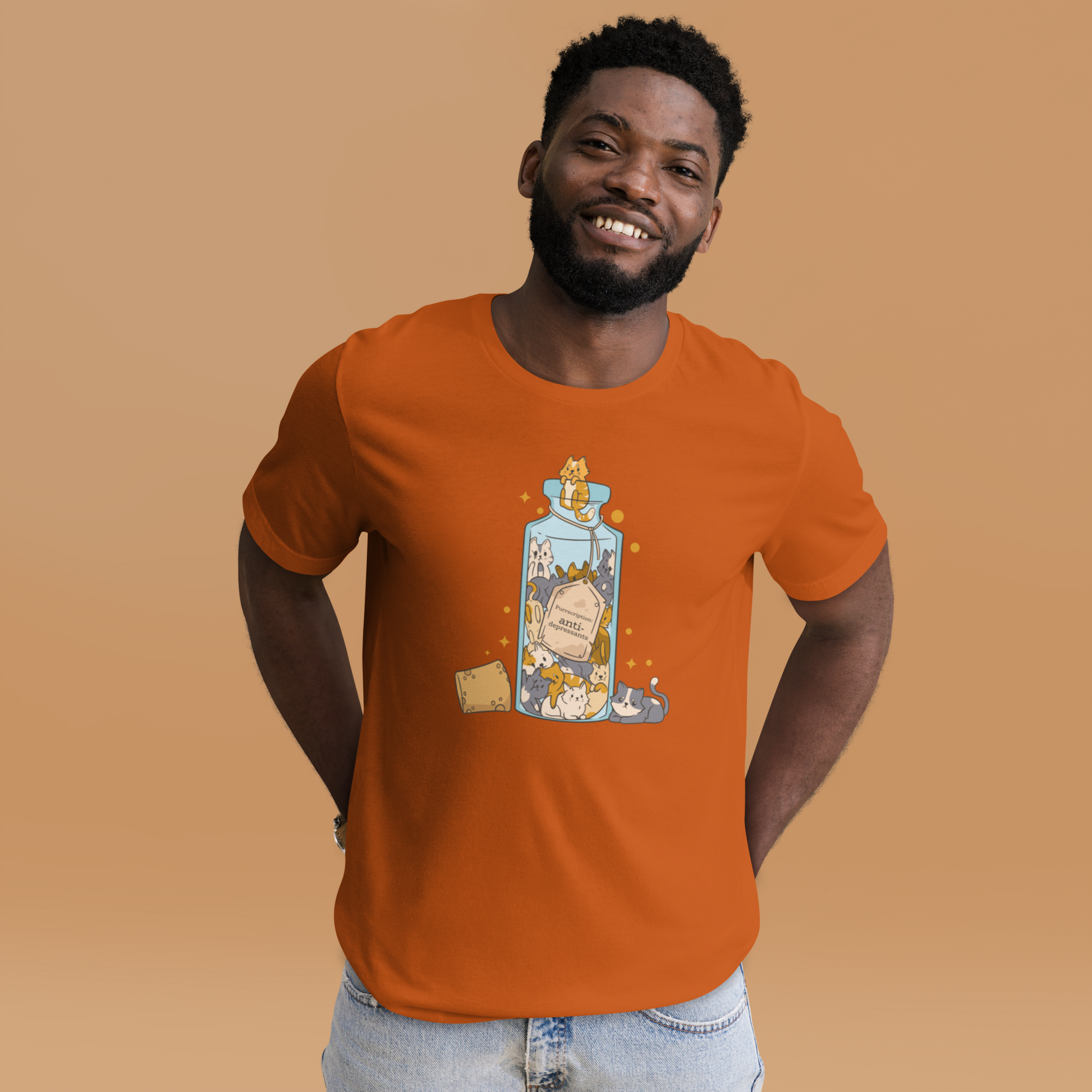 Smiling man wearing a Autumn Colored Premium Cat T-Shirt featuring a funny Anti-Depressants graphic on the chest - Cute Graphic Cat Tees - Boozy Fox
