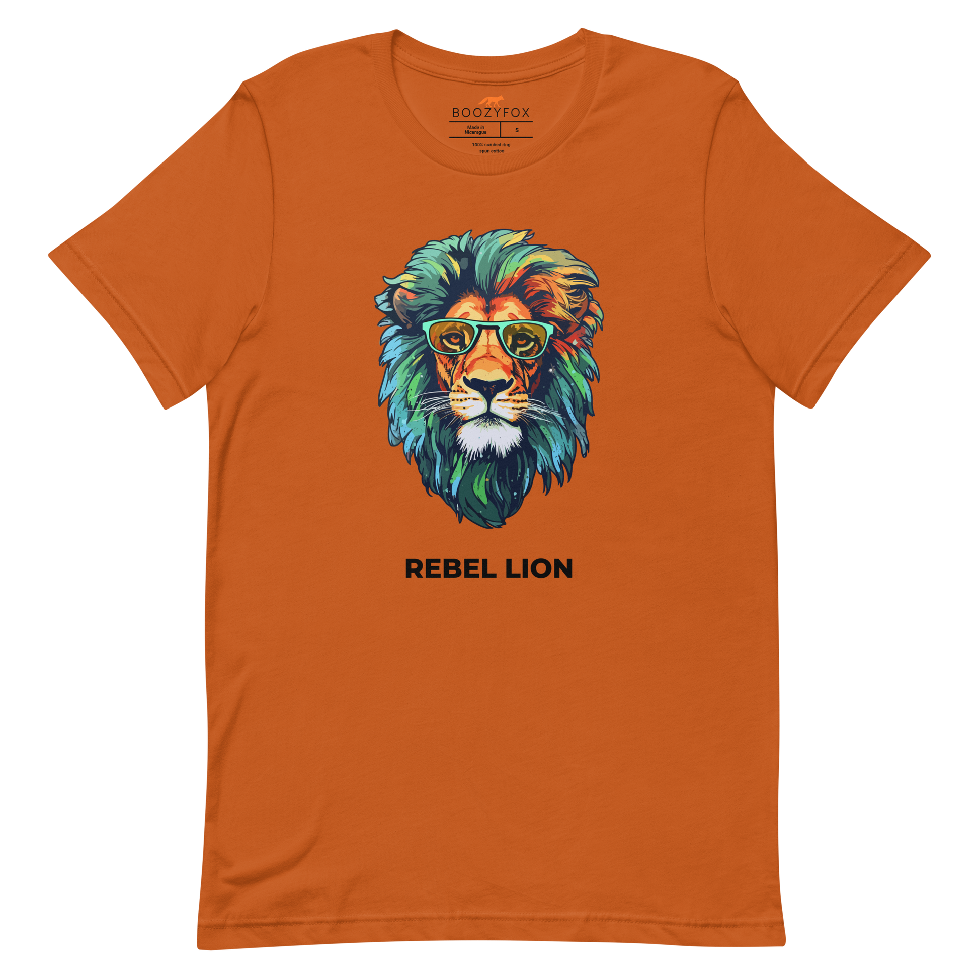 Autumn Colored Premium Lion T-Shirt featuring a captivating Rebel Lion graphic on the chest - Funny Graphic Lion Tees - Boozy Fox