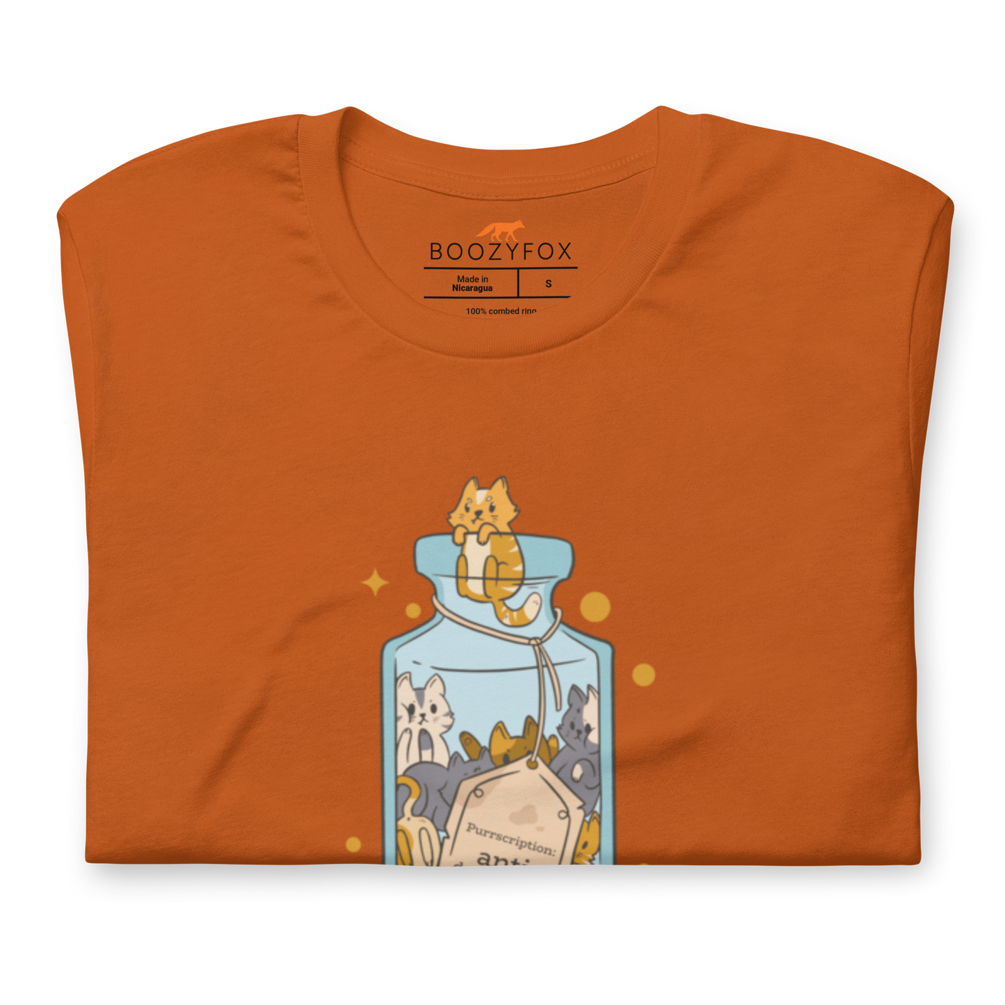 Front details of a Autumn Colored Premium Cat T-Shirt featuring a funny Anti-Depressants graphic on the chest - Cute Graphic Cat Tees - Boozy Fox