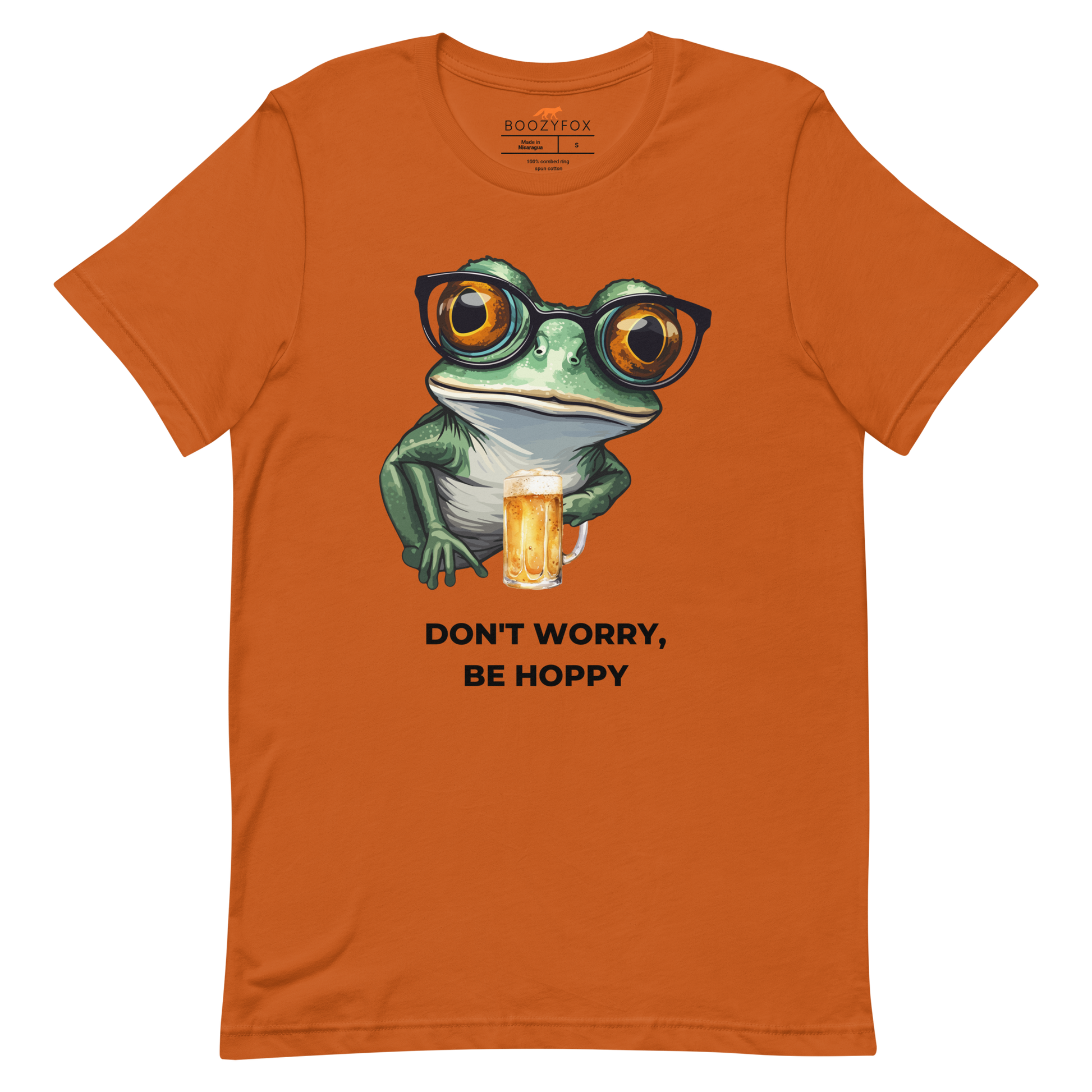 Autumn Color Premium Frog Tee featuring a funny Don't Worry, Be Hoppy graphic on the chest - Funny Graphic Frog Tees - Boozy Fox