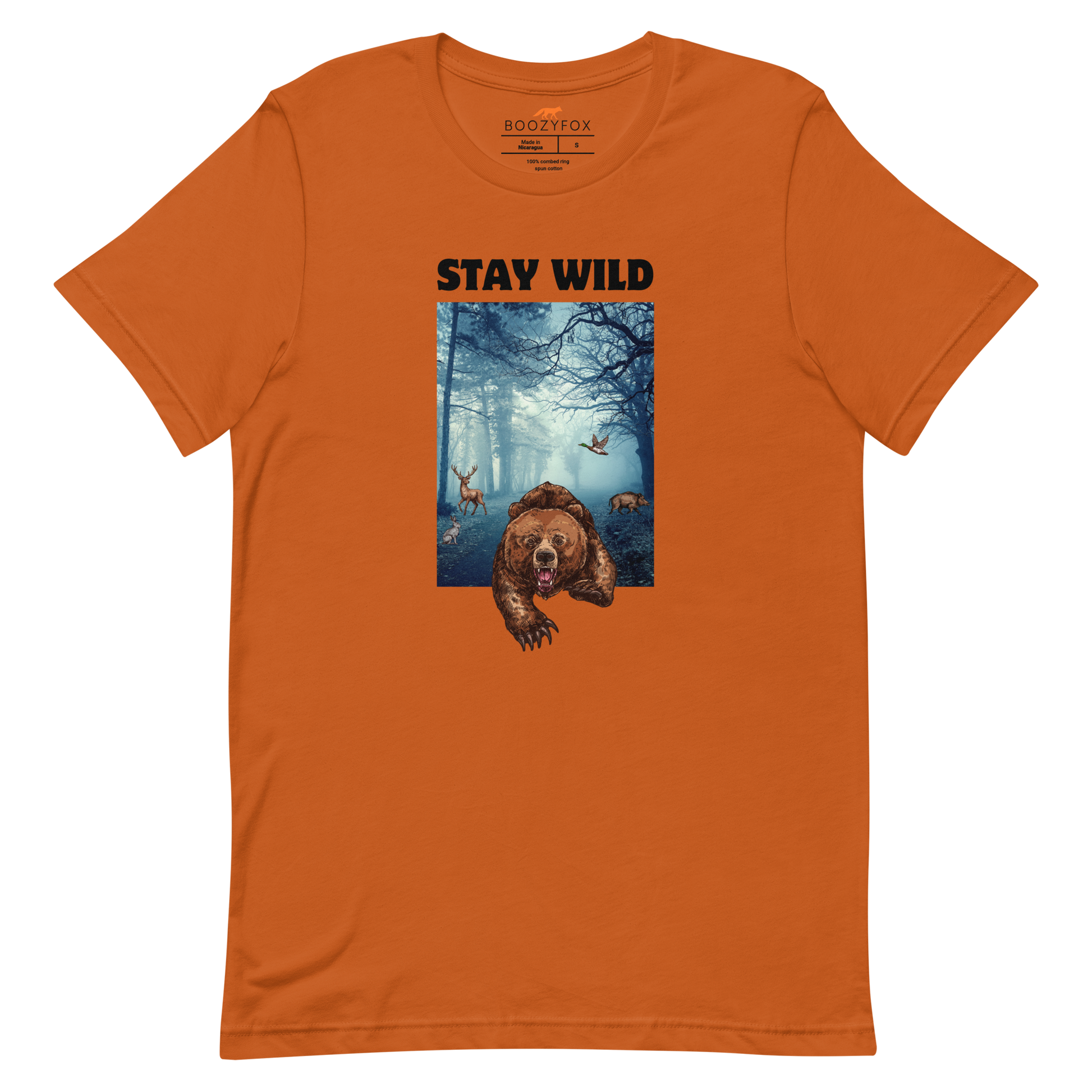 Autumn Colored Premium Bear Tee featuring a Stay Wild graphic on the chest - Cool Graphic Bear Tees - Boozy Fox