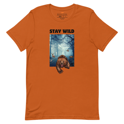Autumn Colored Premium Bear Tee featuring a Stay Wild graphic on the chest - Cool Graphic Bear Tees - Boozy Fox