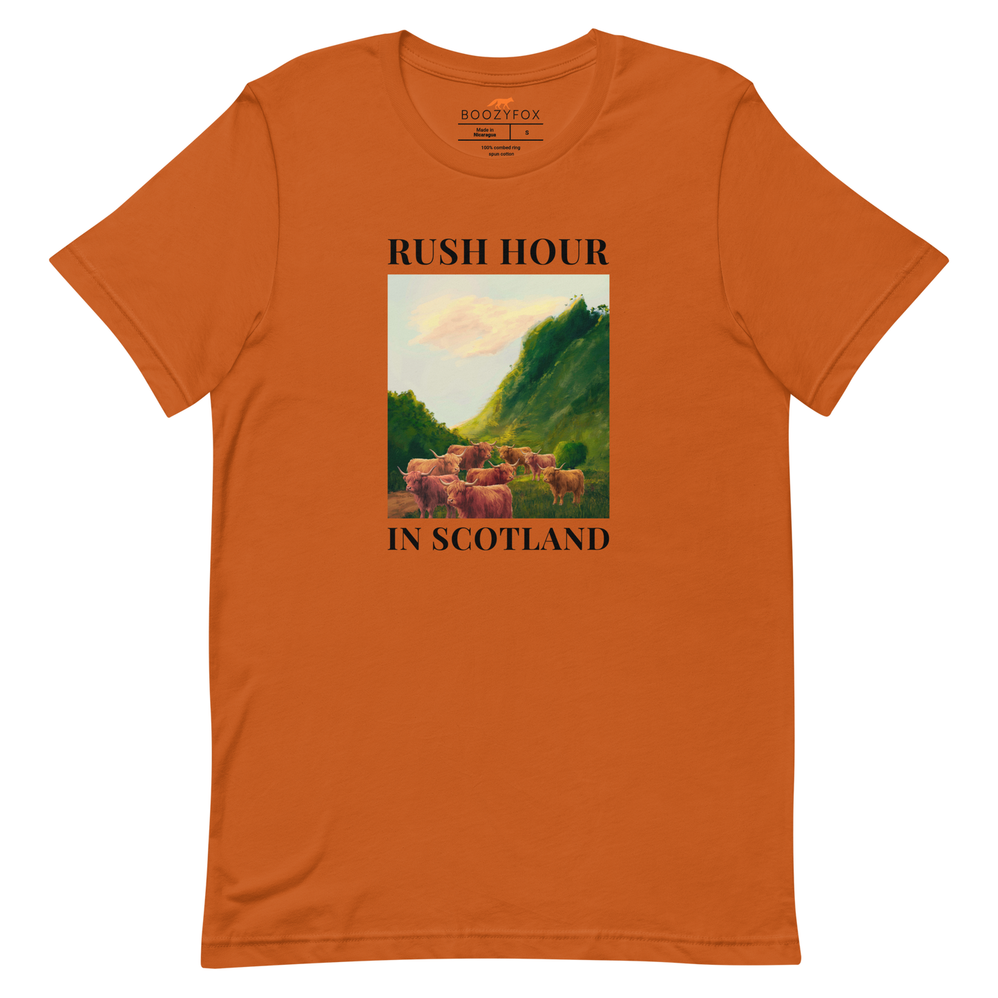 Funny Highland Cow Rush Hour in Scotland lightweight graphic tee in autumn orange by Boozy Fox