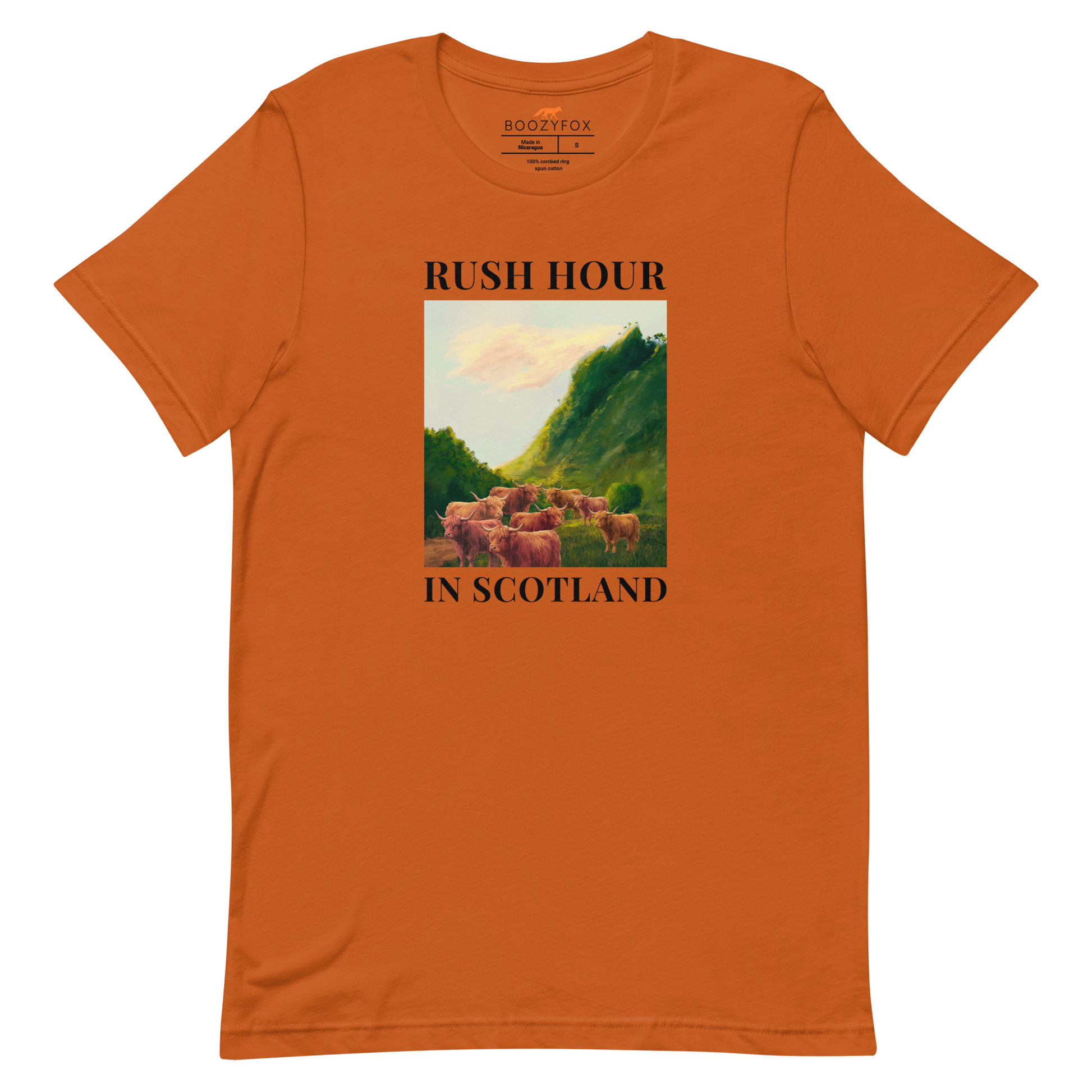 Funny Highland Cow Rush Hour in Scotland lightweight graphic tee in autumn orange by Boozy Fox