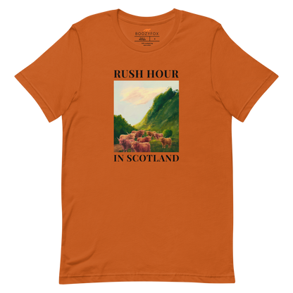 Funny Highland Cow Rush Hour in Scotland lightweight graphic tee in autumn orange by Boozy Fox