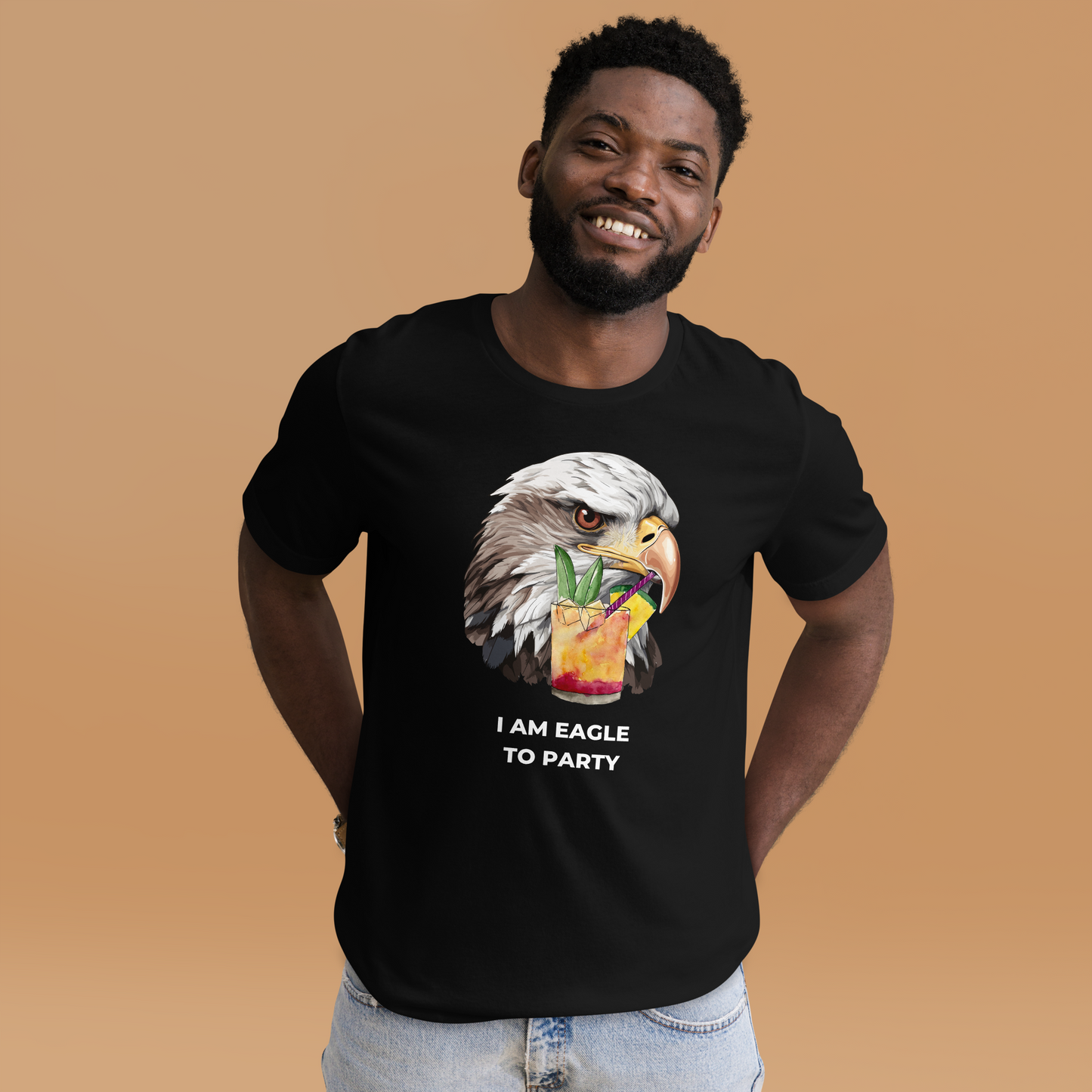 Smiling man wearing a Black Premium Eagle T-Shirt featuring an eye-catching I Am Eagle to Party graphic on the chest - Funny Graphic Eagle Tees - Boozy Fox