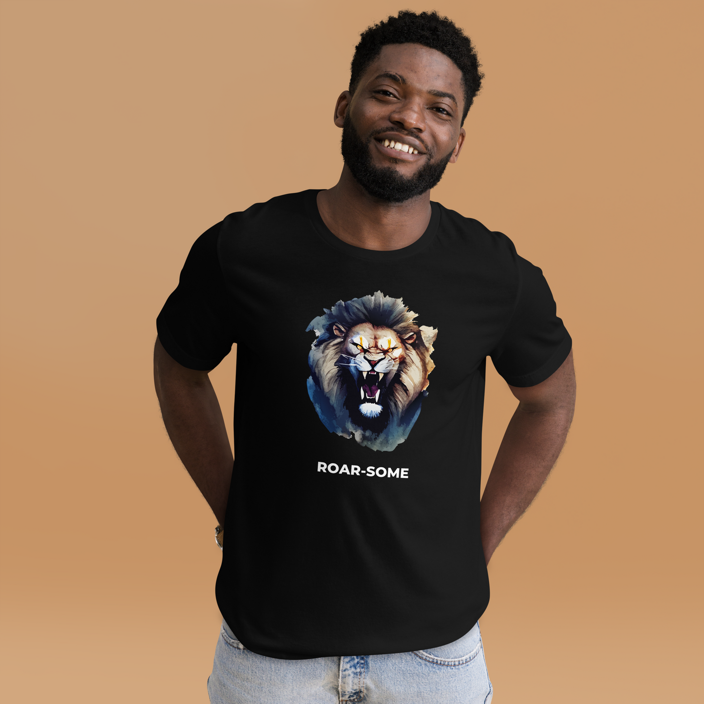 Man wearing a Black Premium Lion Tee featuring a Roar-Some graphic on the chest - Cool Graphic Lion Tees - Boozy Fox