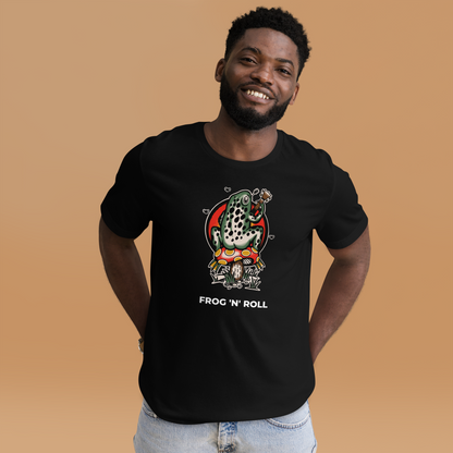 Man wearing a Black Premium Frog Tee featuring a funny Frog 'n' Roll graphic on the chest - Funny Graphic Frog Tees - Boozy Fox