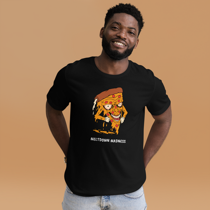 Smiling man wearing a Black Premium Melting Pizza Tee featuring a Meltdown Madness graphic on the chest - Funny Graphic Pizza Tees - Boozy Fox