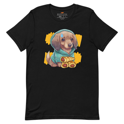 Black Premium Sausage Dog T-Shirt featuring an adorable sausage roll dachshund graphic on the chest - Cute Graphic Dachshund  Tees - Boozy Fox