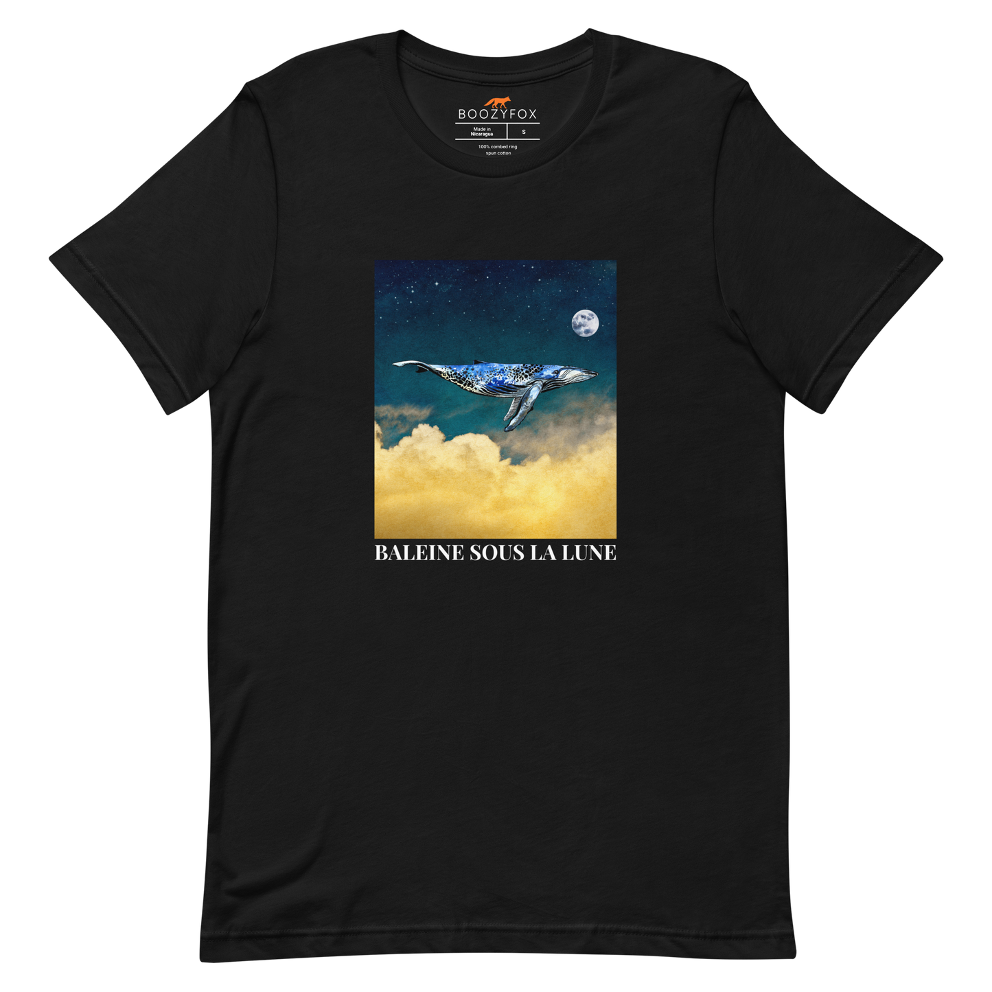 Black Premium Whale T-Shirt featuring a majestic Whale Under The Moon graphic on the chest - Cool Graphic Whale Tees - Boozy Fox