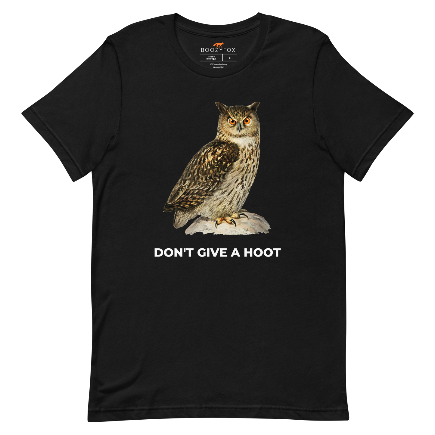 Black Premium Owl T-Shirt featuring a captivating Don't Give A Hoot graphic on the chest - Funny Graphic Owl Tees - Boozy Fox
