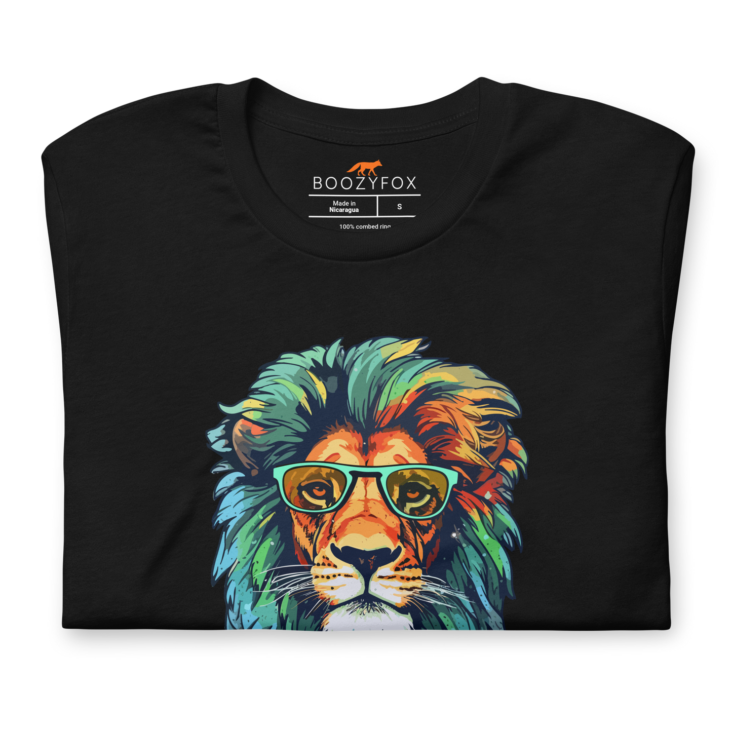 Front details of a Black Premium Lion T-Shirt featuring a captivating Rebel Lion graphic on the chest - Funny Graphic Lion Tees - Boozy Fox