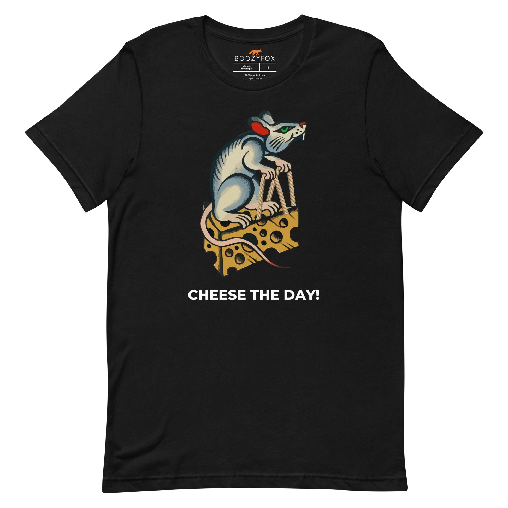 Black Premium Rat T-Shirt featuring a hilarious Cheese The Day graphic on the chest - Funny Graphic Rat Tees - Boozy Fox