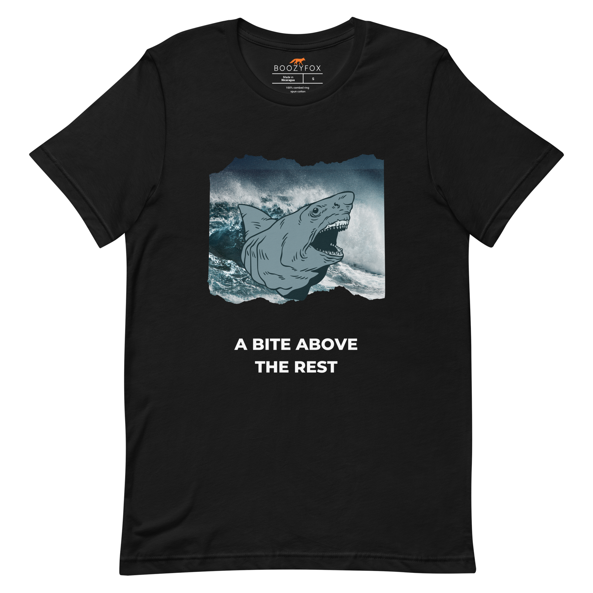 Black Premium Megalodon Tee featuring A Bite Above the Rest graphic on the chest - Funny Graphic Megalodon Tees - Boozy Fox