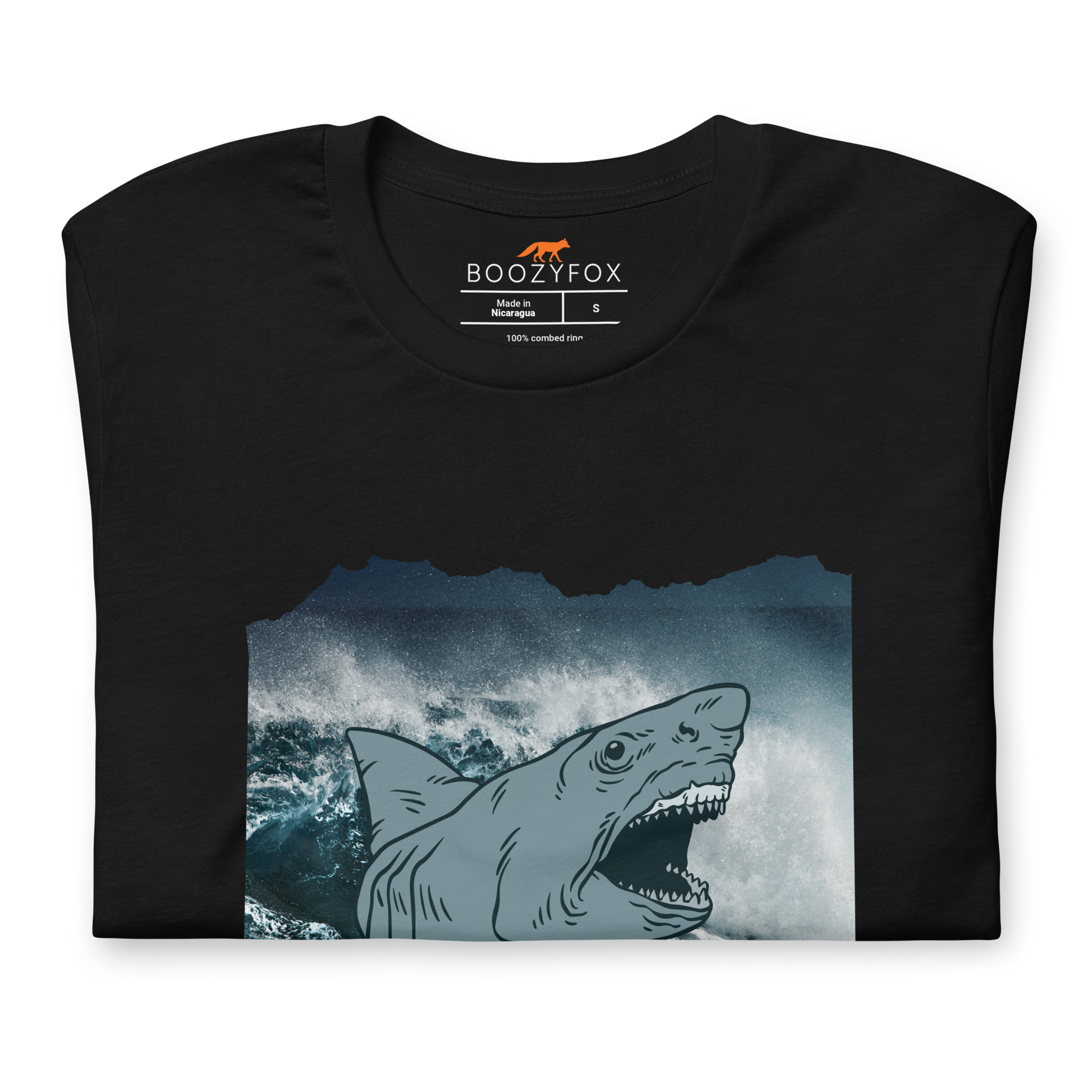 Front details of a Black Premium Megalodon Tee featuring A Bite Above the Rest graphic on the chest - Funny Graphic Megalodon Tees - Boozy Fox