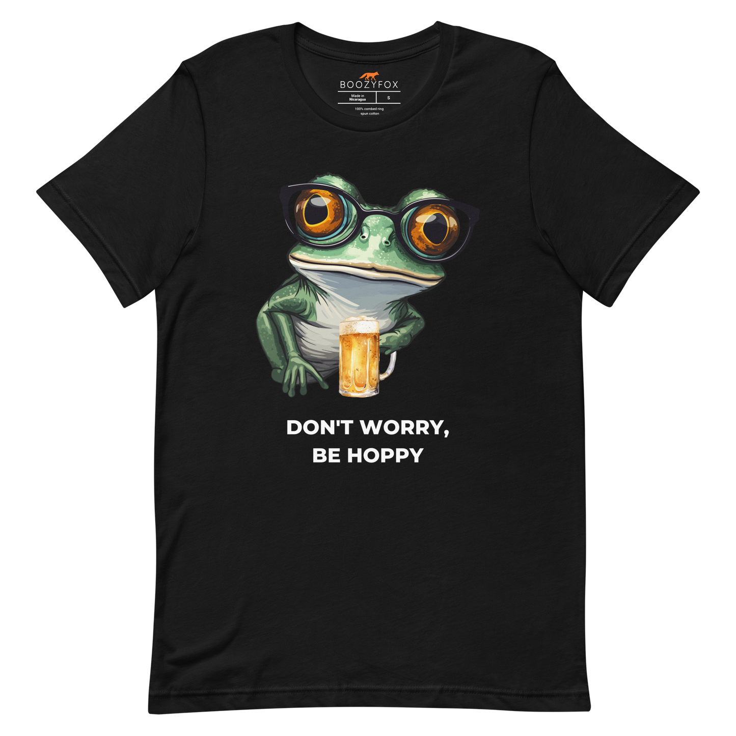 Black Premium Frog Tee featuring a funny Don't Worry, Be Hoppy graphic on the chest - Funny Graphic Frog Tees - Boozy Fox