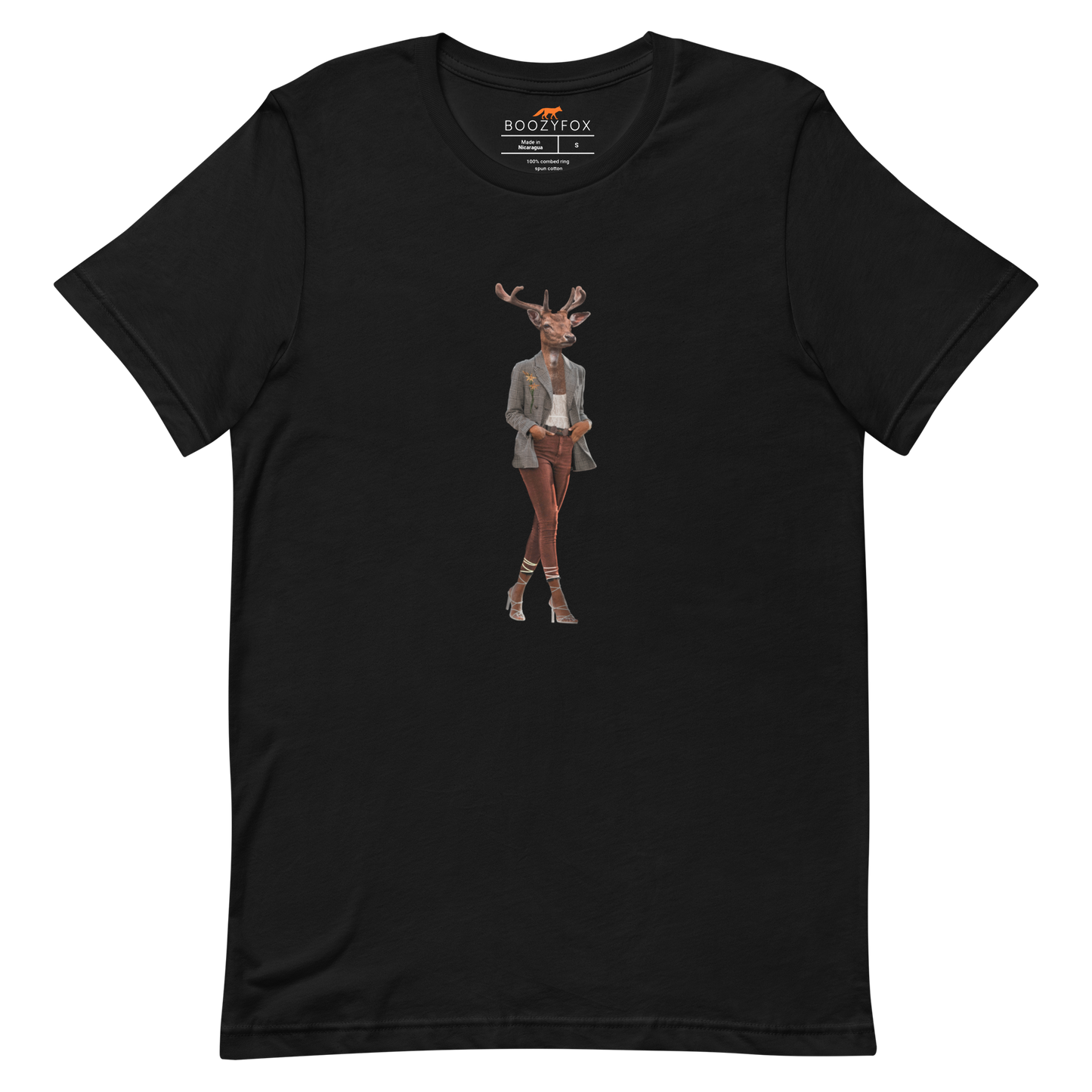 Black Premium Deer T-Shirt featuring an Anthropomorphic Deer graphic on the chest - Funny Graphic Deer Tees - Boozy Fox