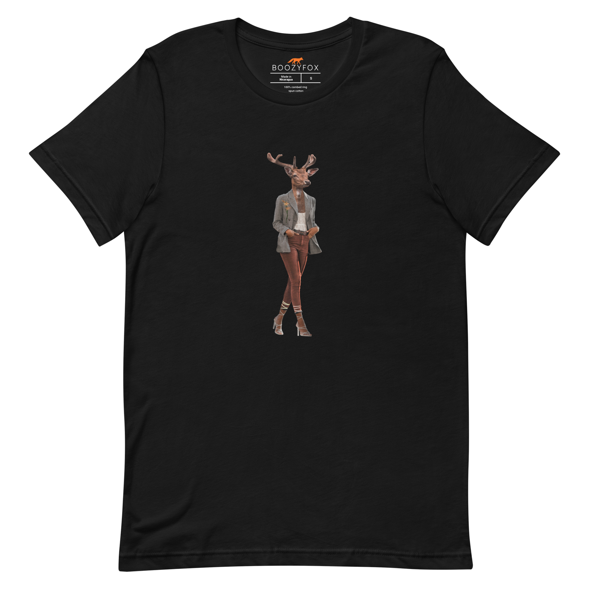 Black Premium Deer T-Shirt featuring an Anthropomorphic Deer graphic on the chest - Funny Graphic Deer Tees - Boozy Fox