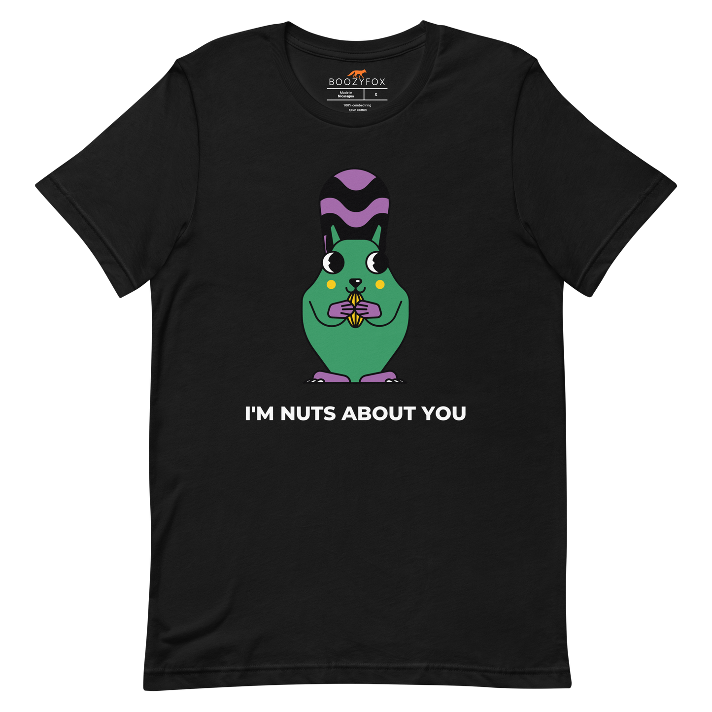Black Premium Squirrel T-Shirt featuring an I'm Nuts About You graphic on the chest - Funny Graphic Squirrel Tees - Boozy Fox