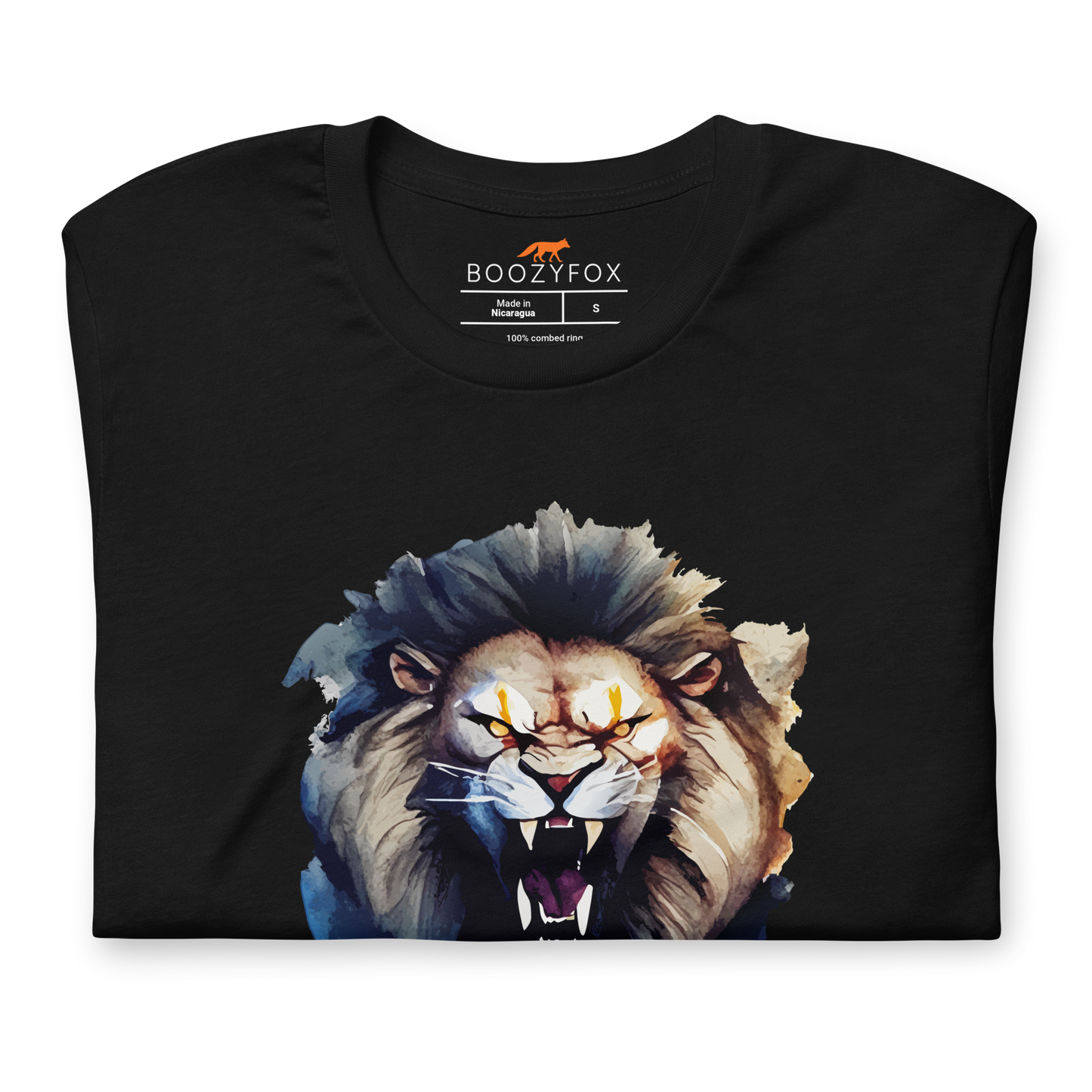 Front details of a Black Premium Lion Tee featuring a Roar-Some graphic on the chest - Cool Graphic Lion Tees - Boozy Fox