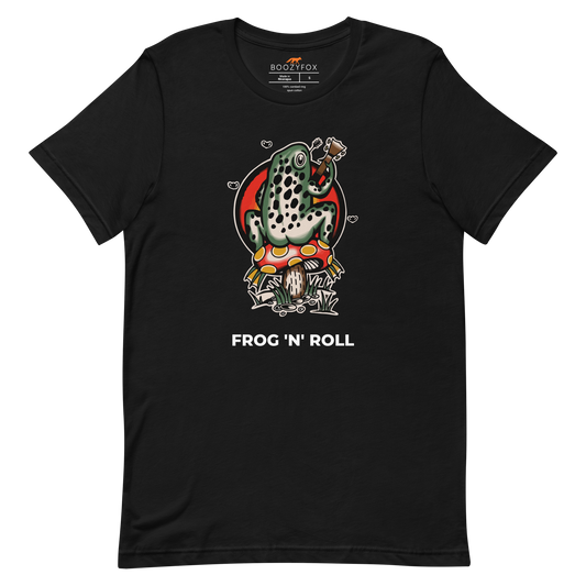 Black Premium Frog Tee featuring a funny Frog 'n' Roll graphic on the chest - Funny Graphic Frog Tees - Boozy Fox