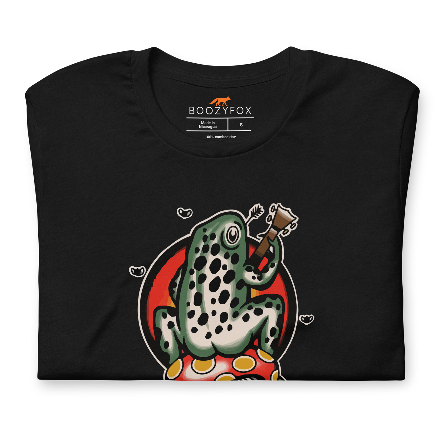 Front details of a Black Premium Frog Tee featuring a funny Frog 'n' Roll graphic on the chest - Funny Graphic Frog Tees - Boozy Fox