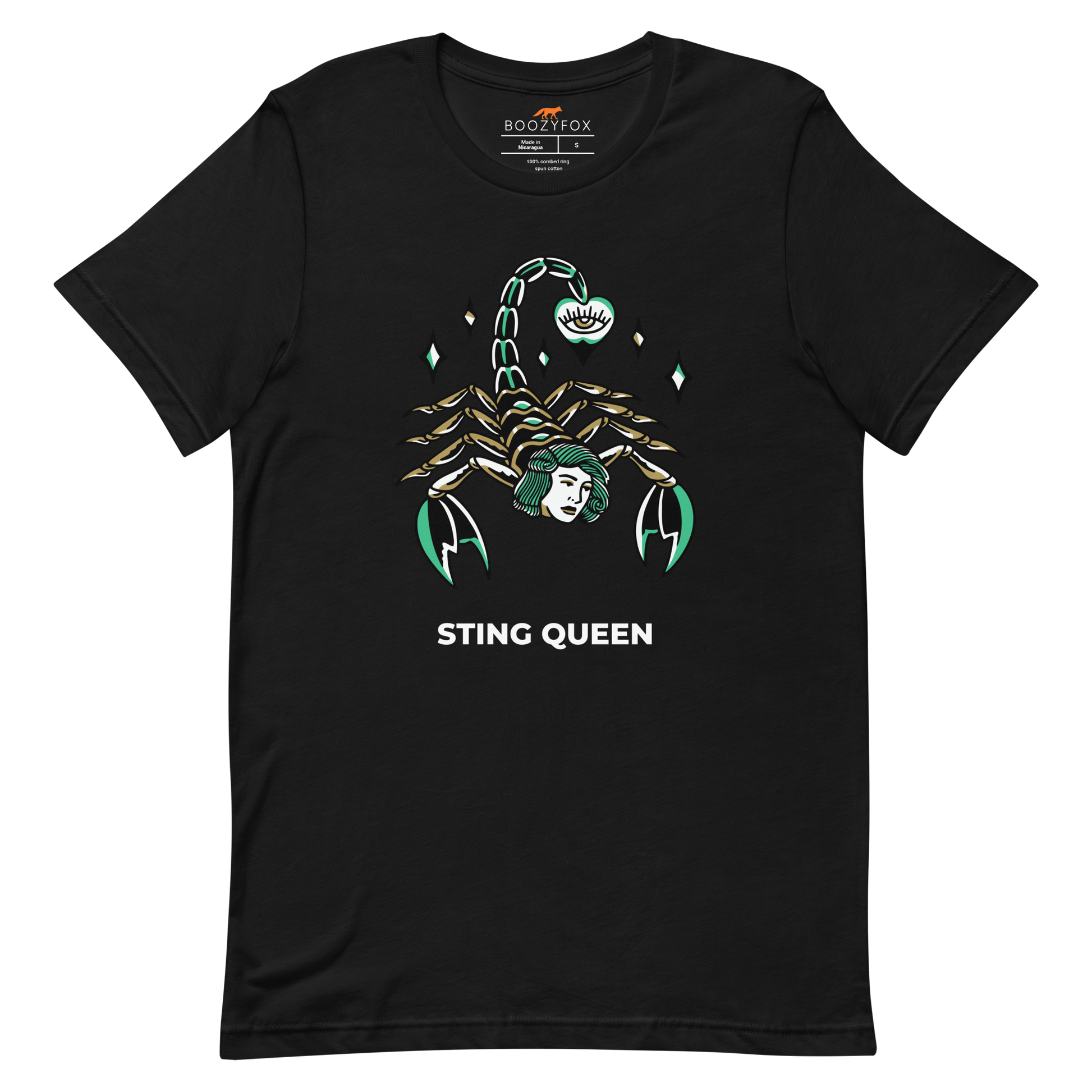 Black Premium Scorpion Tee featuring The Sting Queen graphic on the chest - Cool Graphic Scorpion Tees - Boozy Fox