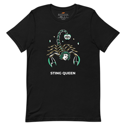 Black Premium Scorpion Tee featuring The Sting Queen graphic on the chest - Cool Graphic Scorpion Tees - Boozy Fox
