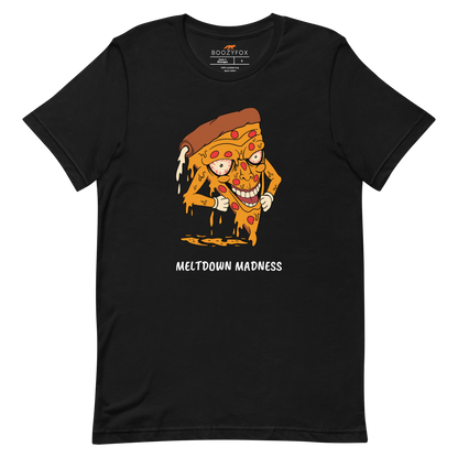 Black Premium Melting Pizza Tee featuring a Meltdown Madness graphic on the chest - Funny Graphic Pizza Tees - Boozy Fox