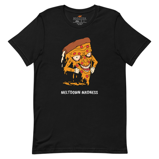 Black Premium Melting Pizza Tee featuring a Meltdown Madness graphic on the chest - Funny Graphic Pizza Tees - Boozy Fox