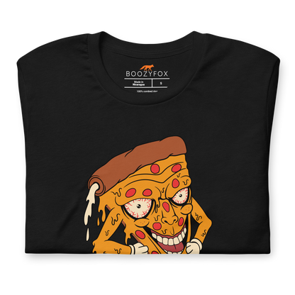 Front details of a Black Premium Melting Pizza Tee featuring a Meltdown Madness graphic on the chest - Funny Graphic Pizza Tees - Boozy Fox