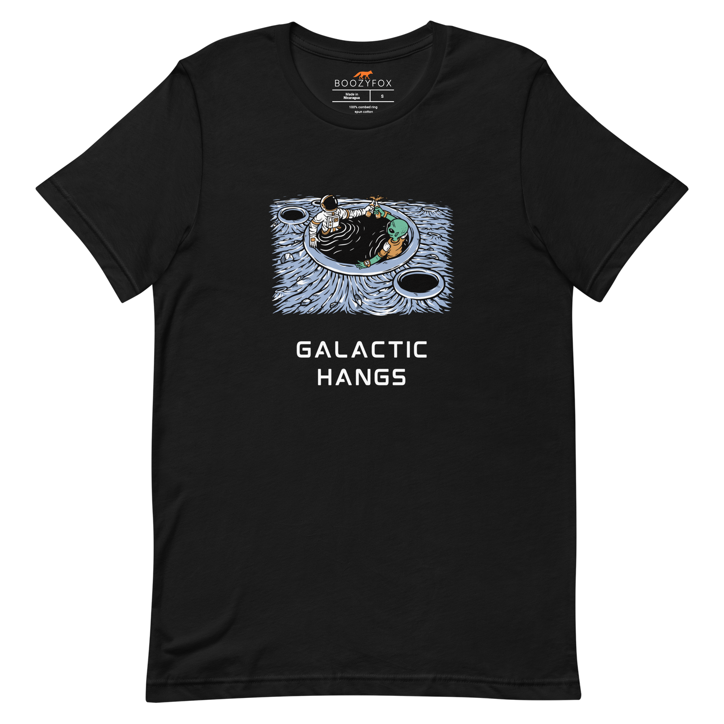 Black Premium Galactic Hangs Tee featuring an out-of-this-world graphic of an Astronaut and Alien Chilling Together - Funny Graphic Space Tees - Boozy Fox