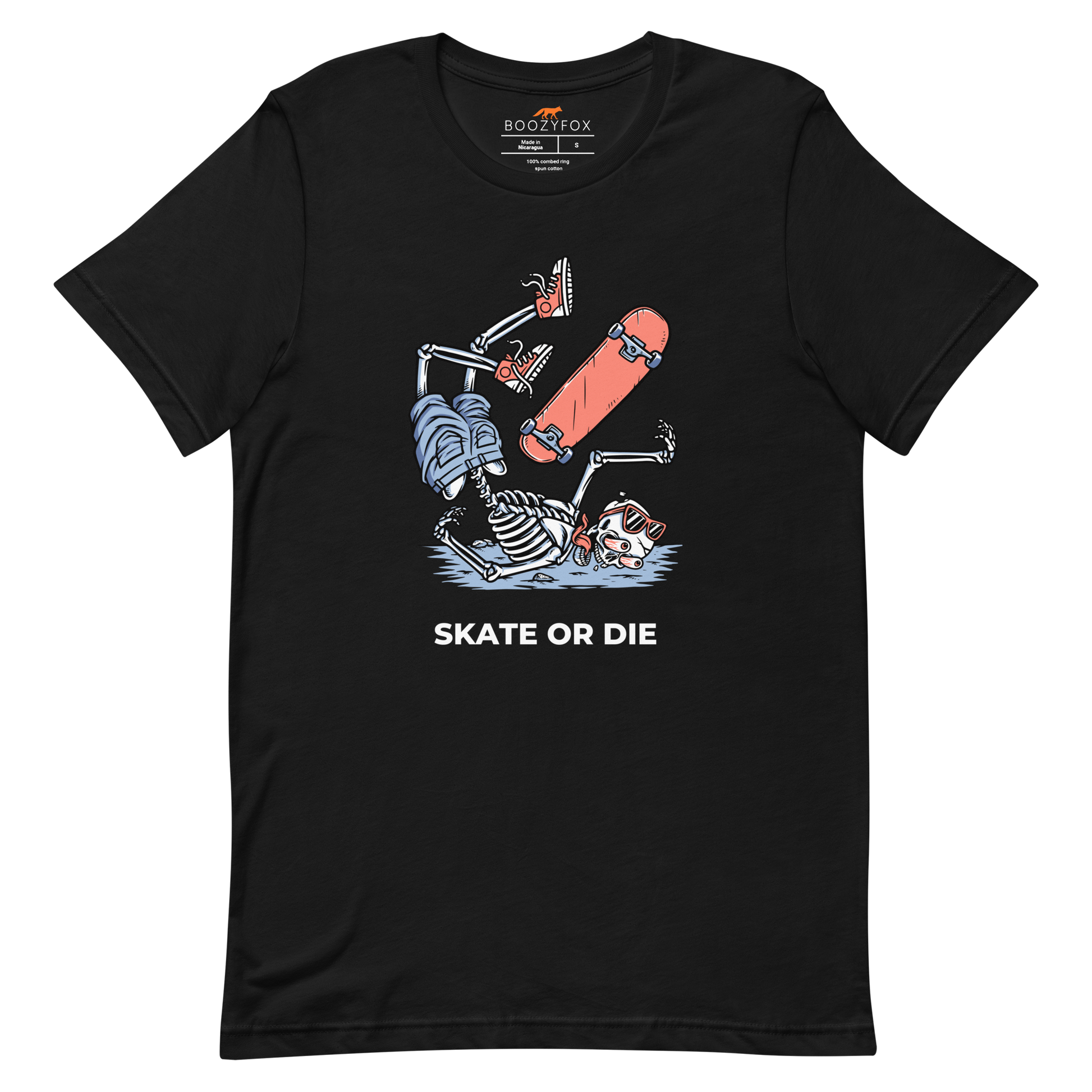 Black Premium Skate or Die Tee featuring a daring Skeleton Falling While Skateboarding graphic on the chest - Funny Graphic Skeleton Tees - Boozy Fox