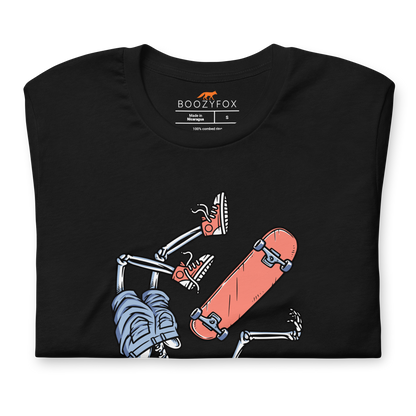 Front details of a Black Premium Skate or Die Tee featuring a daring Skeleton Falling While Skateboarding graphic on the chest - Funny Graphic Skeleton Tees - Boozy Fox